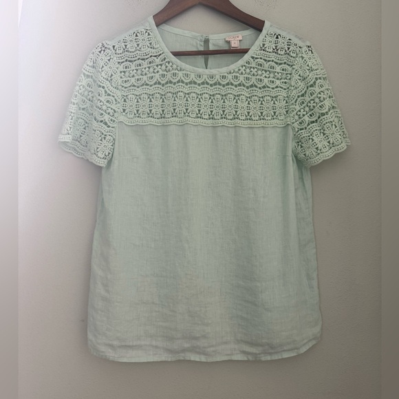 J. Crew Linen & Lace Short Sleeve Blouse Top in Mint Style C3489 Size 10 - Picture 2 of 11